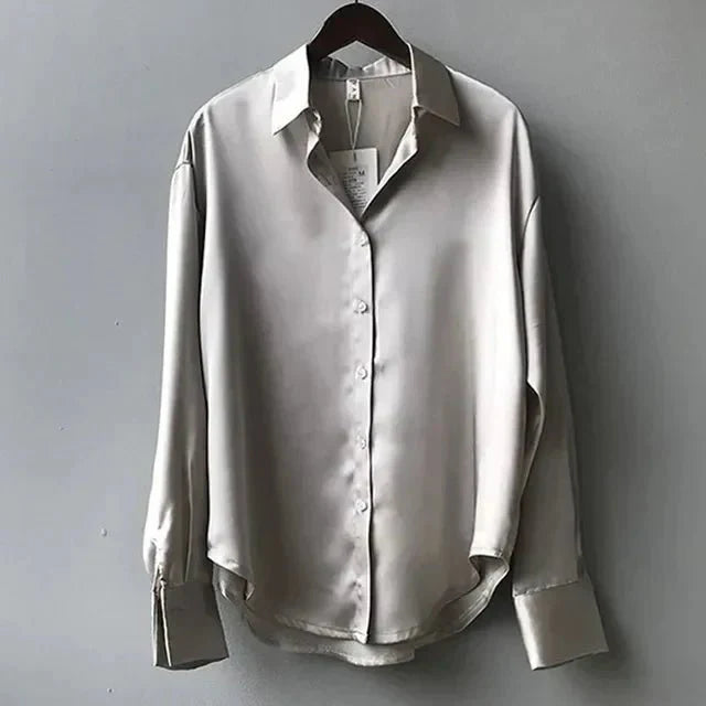 Women’s Long Sleeve Satin Blouse with Button Front and Classic Collar