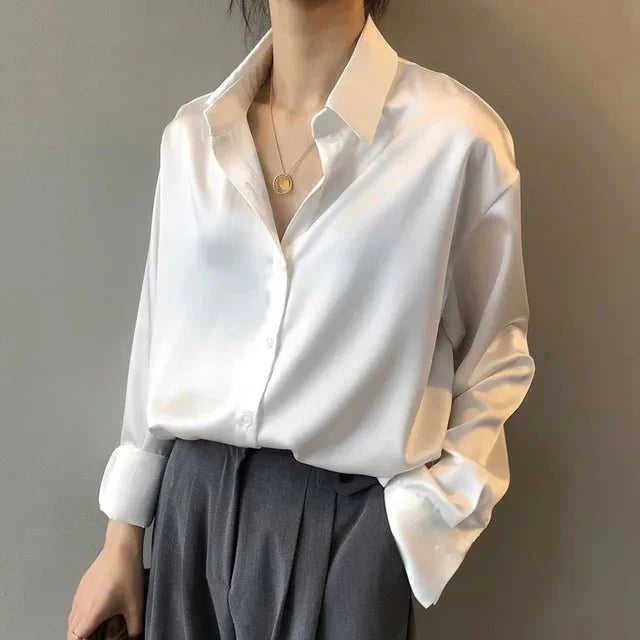 Women’s Long Sleeve Satin Blouse with Button Front and Classic Collar