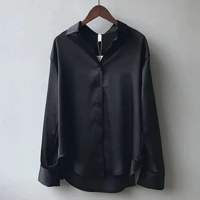 Women’s Long Sleeve Satin Blouse with Button Front and Classic Collar