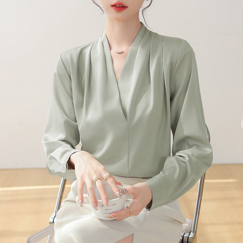 Women’s Long Sleeve V - Neck Blouse with Satin Finish