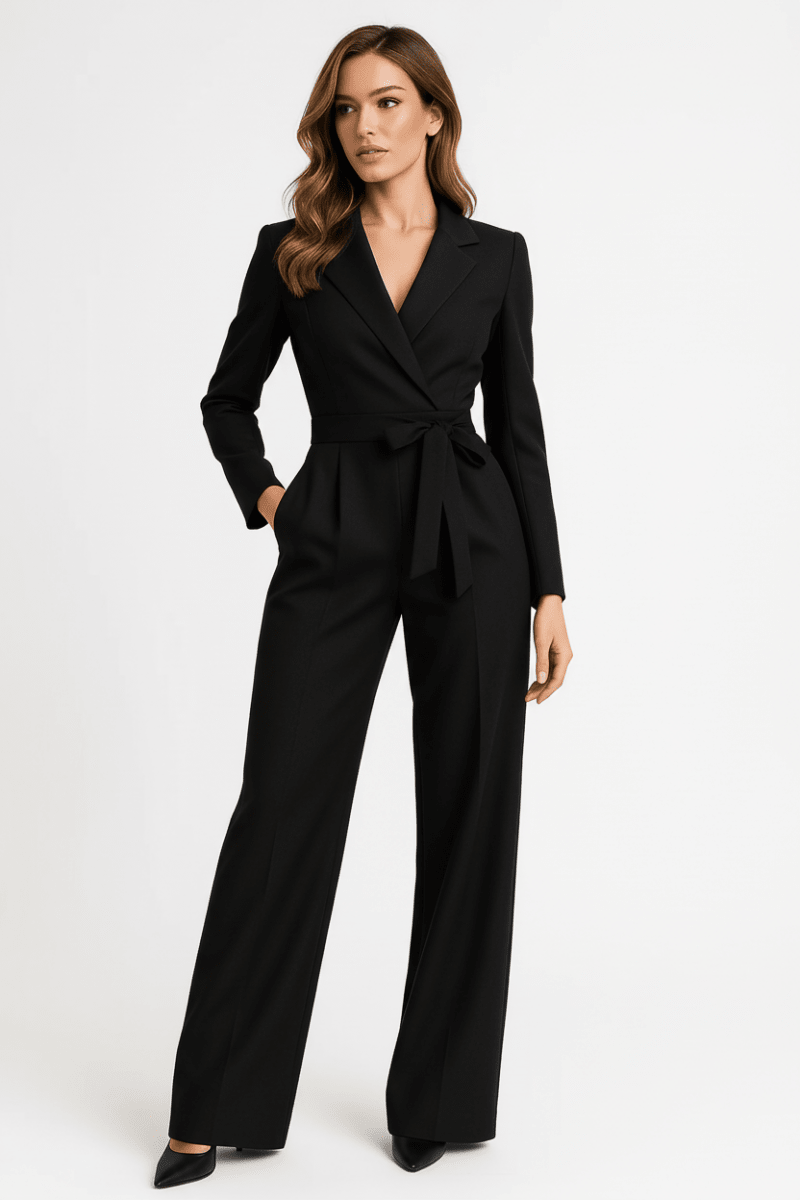 Women’s Long Sleeve V - Neck Jumpsuit with Wide Leg and Defined Waist