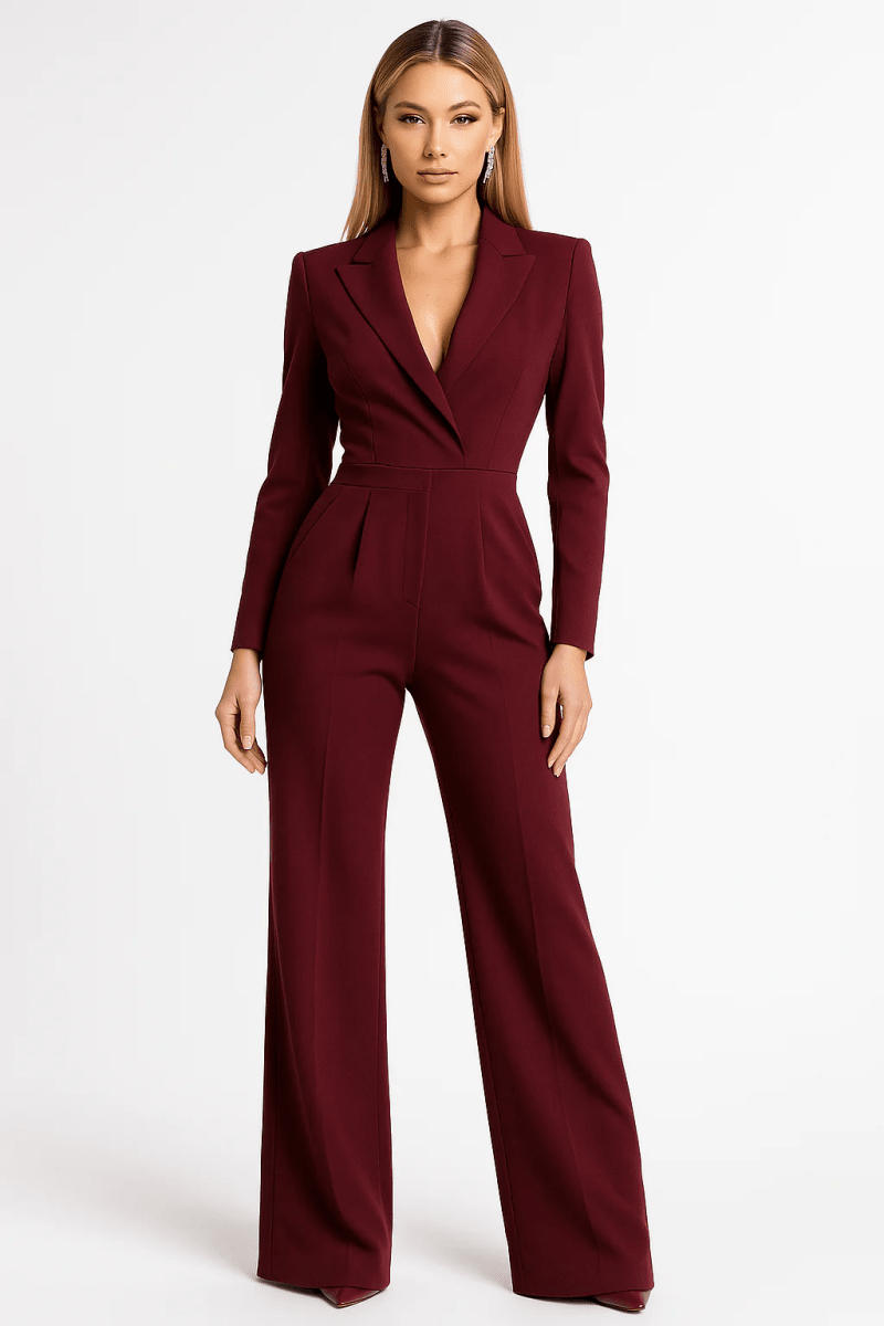Women’s Long Sleeve V - Neck Jumpsuit with Wide Leg and Defined Waist
