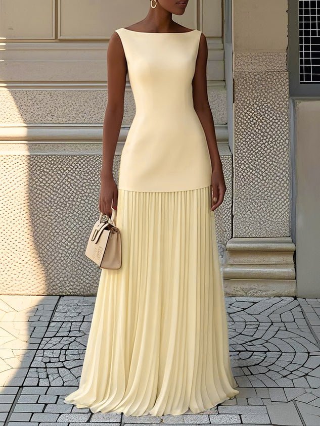 Women’s Maxi Dress with Boat Neck Sleeveless Fitted Bodice and Pleated Skirt