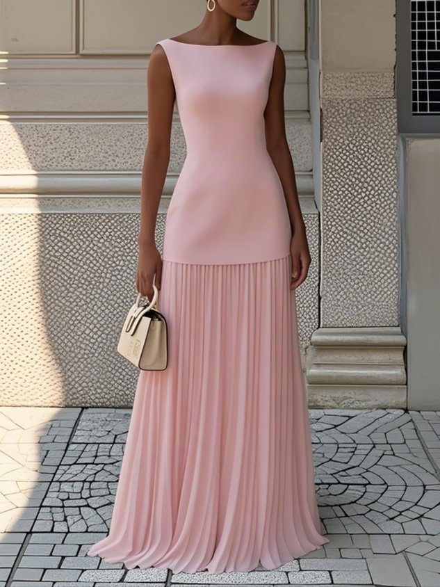 Women’s Maxi Dress with Boat Neck Sleeveless Fitted Bodice and Pleated Skirt