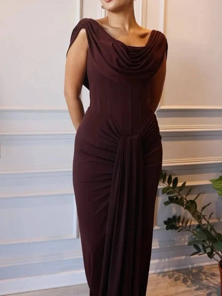 Women’s Maxi Dress with Draped Cowl Neck Sleeveless and Gathered Front Detail – Evening Dress