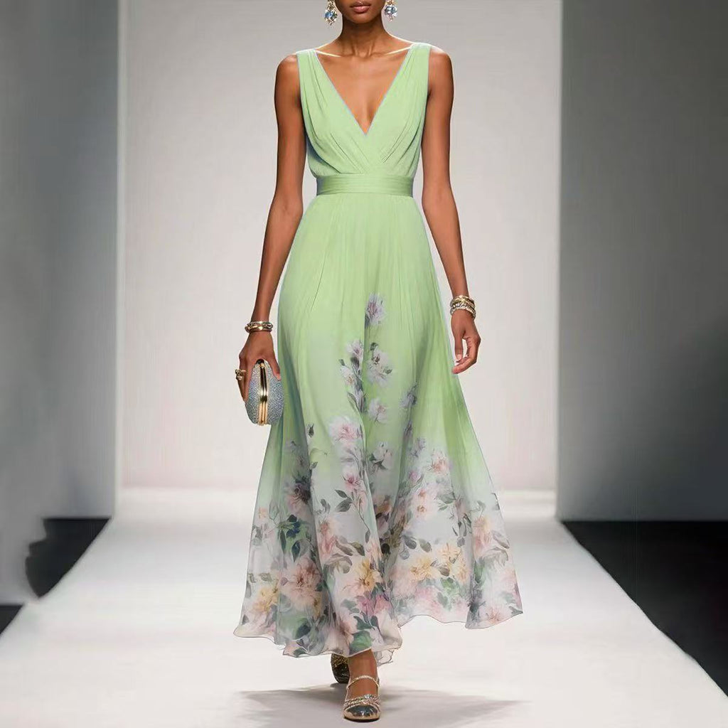 Women’s Maxi Dress with V - Neck Sleeveless Pleated Bodice and Floral Print Hem