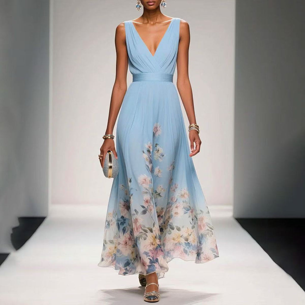 Women’s Maxi Dress with V - Neck Sleeveless Pleated Bodice and Floral Print Hem