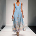 Women’s Maxi Dress with V - Neck Sleeveless Pleated Bodice and Floral Print Hem