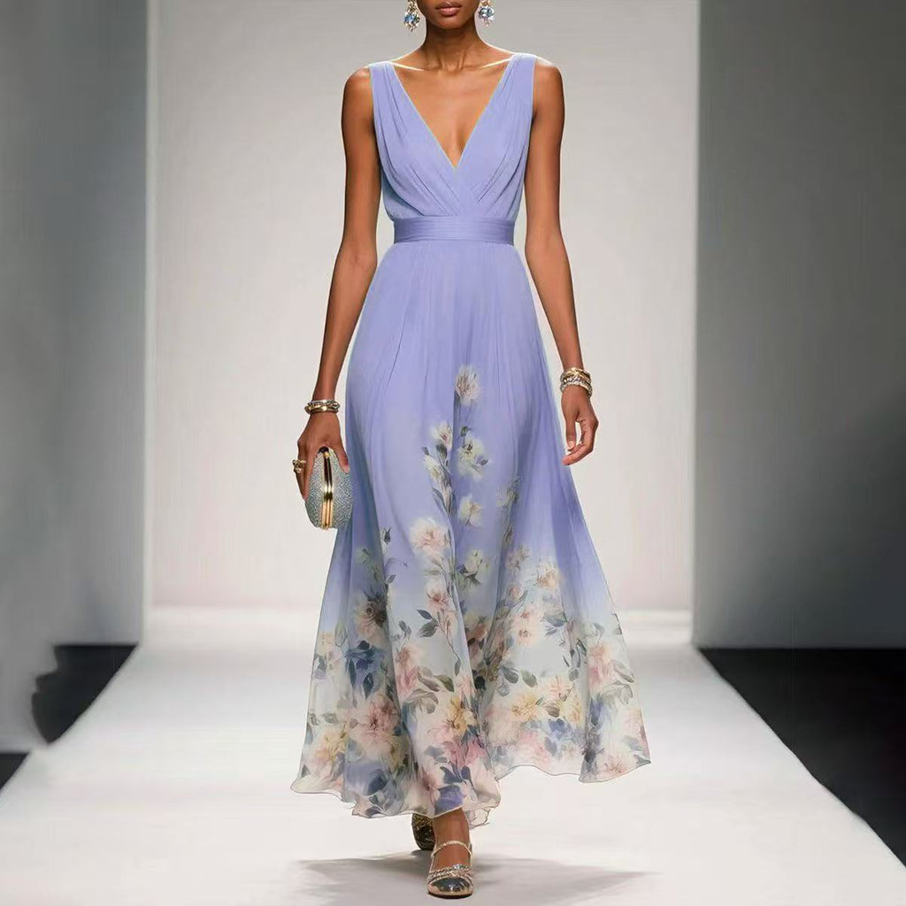 Women’s Maxi Dress with V - Neck Sleeveless Pleated Bodice and Floral Print Hem