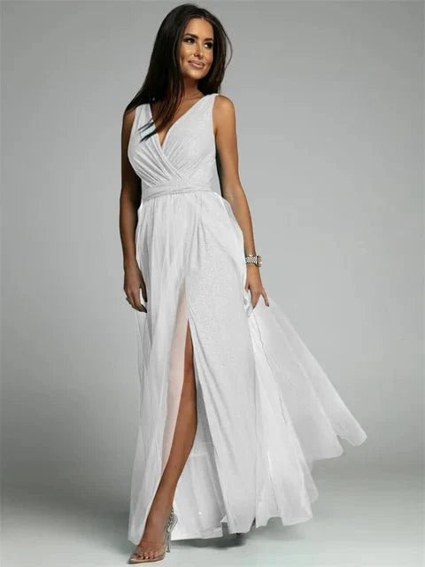 Women’s Maxi Evening Dress with V - Neck and Front Split