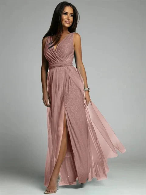 Women’s Maxi Evening Dress with V - Neck and Front Split