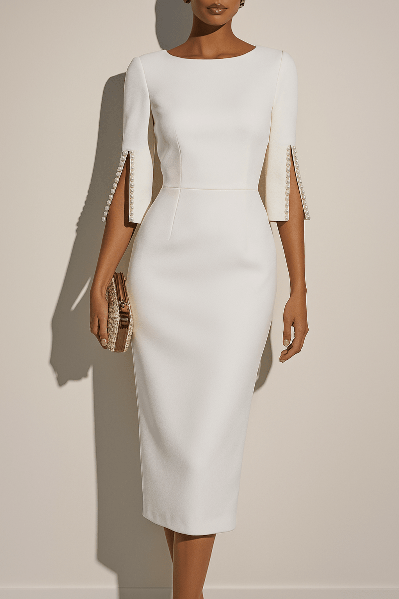 Women’s Midi Dress with Crew Neck and Half Sleeves with Button Detail