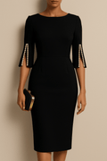Women’s Midi Dress with Crew Neck and Half Sleeves with Button Detail