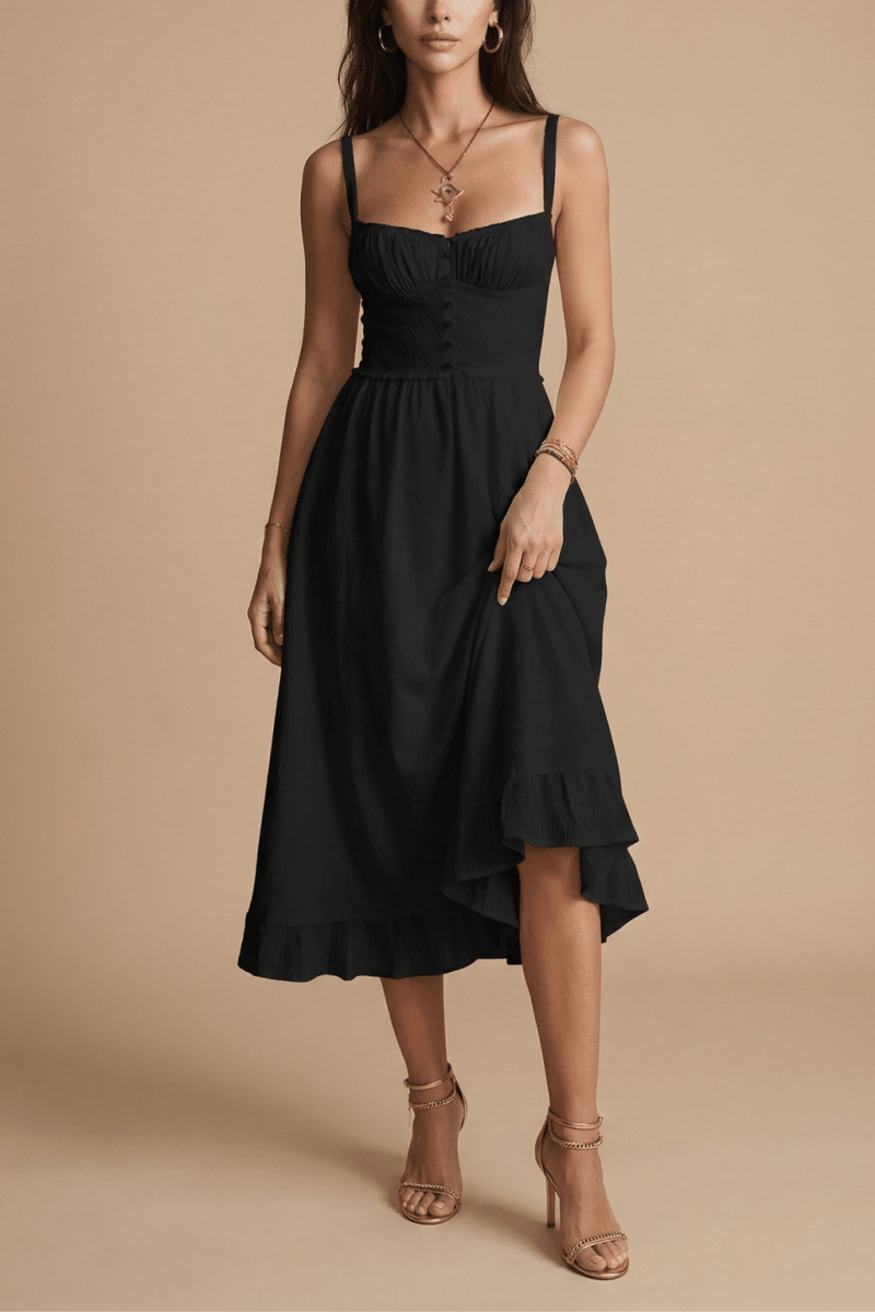 Women’s Midi Dress with Spaghetti Straps – Button Front Bodice and Ruffle Hem Summer Dress