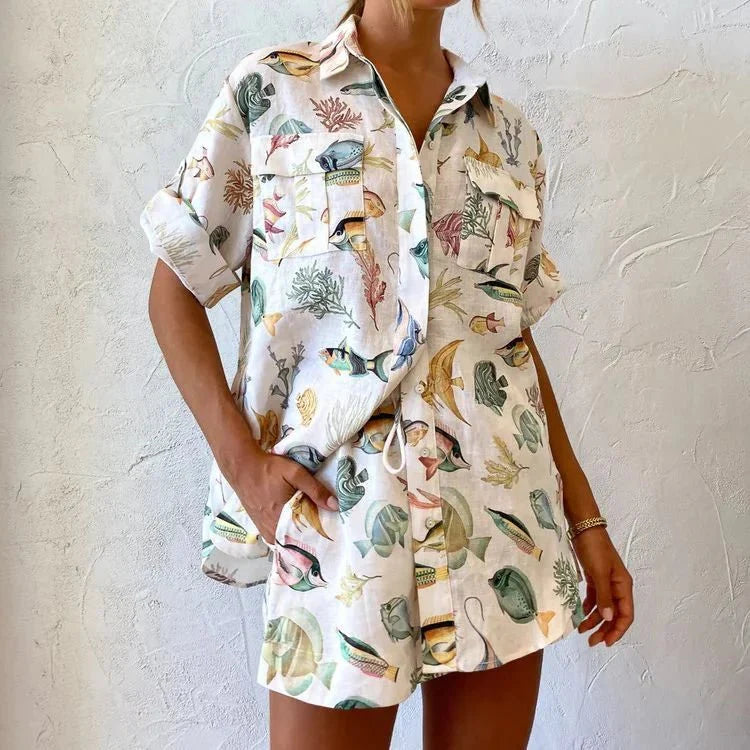 Women’s Nature Print Button Up Shirt and Drawstring Shorts Set