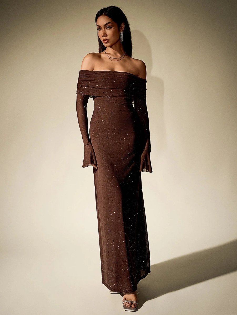 Women’s Off - Shoulder Glitter Maxi Dress with Long Sleeves