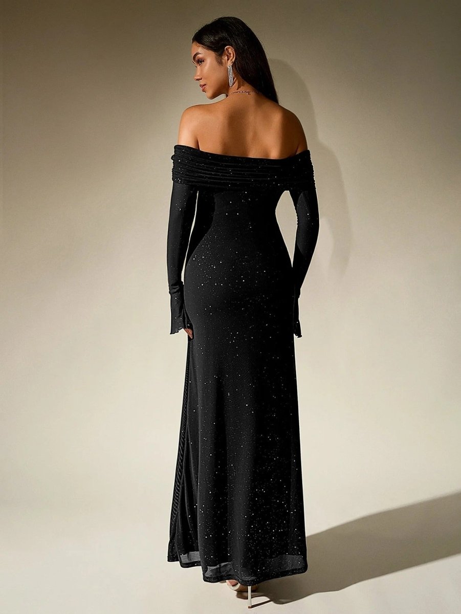 Women’s Off - Shoulder Glitter Maxi Dress with Long Sleeves