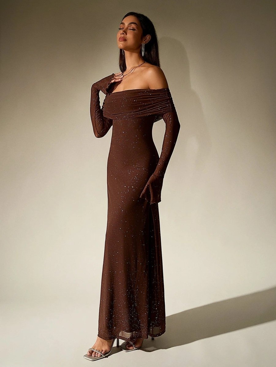 Women’s Off - Shoulder Glitter Maxi Dress with Long Sleeves