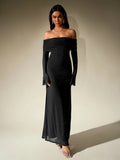 Women’s Off - Shoulder Glitter Maxi Dress with Long Sleeves