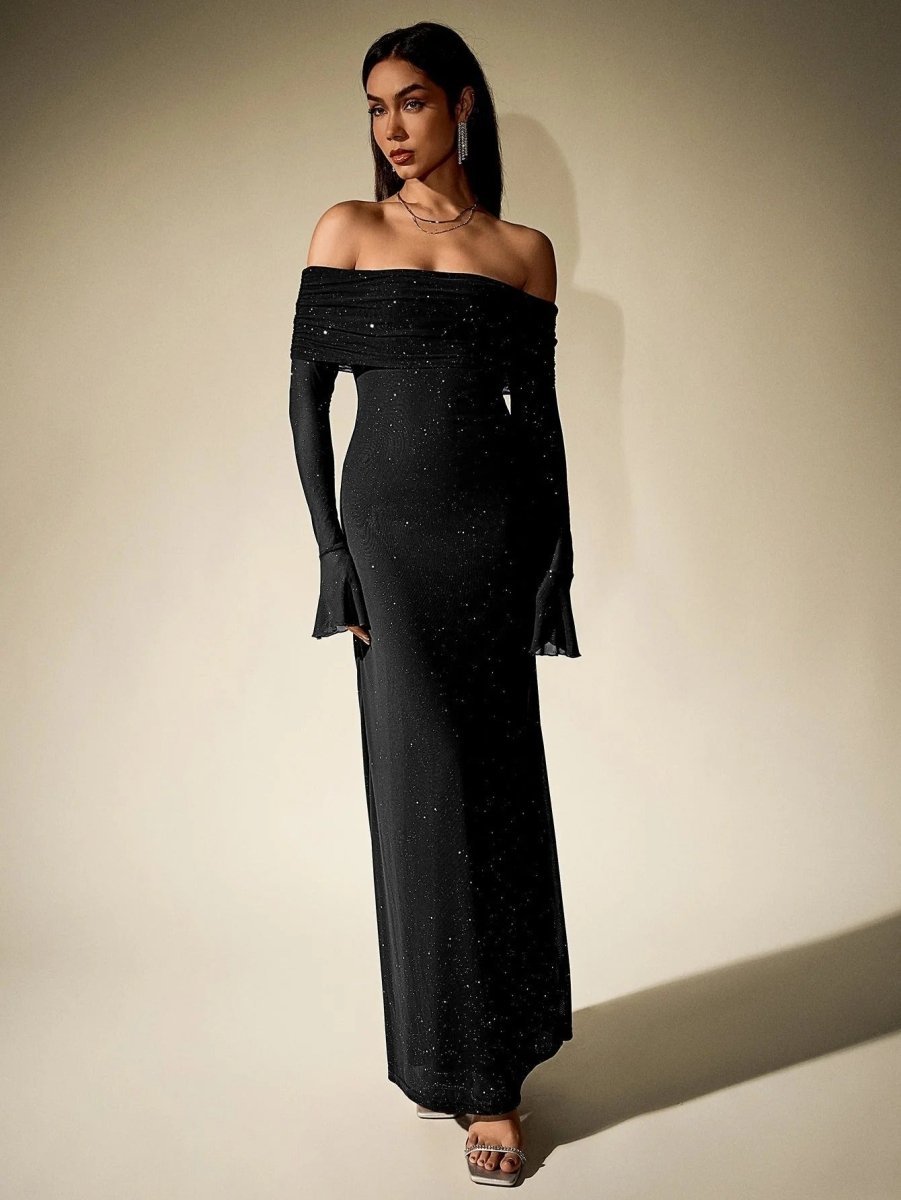 Women’s Off - Shoulder Glitter Maxi Dress with Long Sleeves