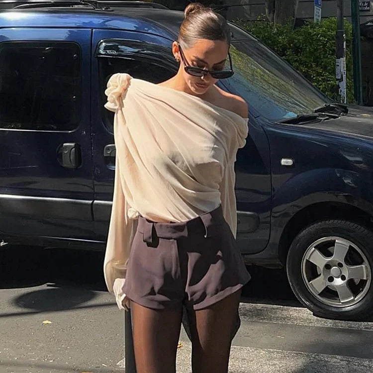 Women’s One Shoulder Blouse with Draped Design and Long Sleeve