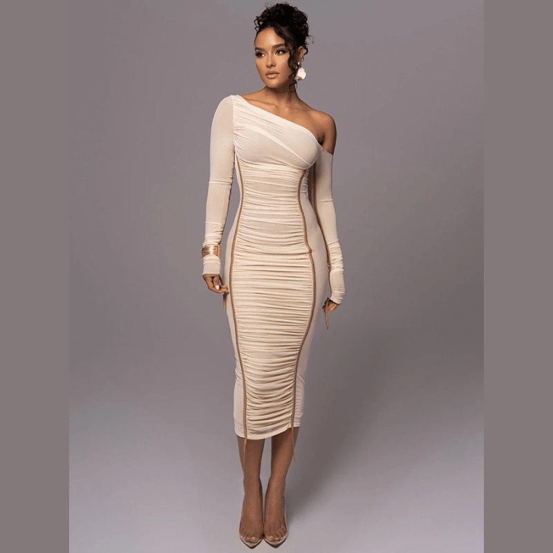 Women’s One - Shoulder Midi Dress with Long Sleeve and Ruched Detailing – Evening Dress