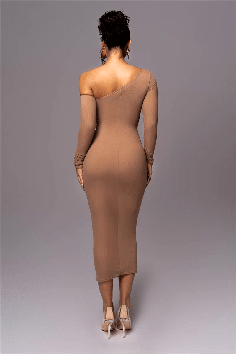Women’s One - Shoulder Midi Dress with Long Sleeve and Ruched Detailing – Evening Dress