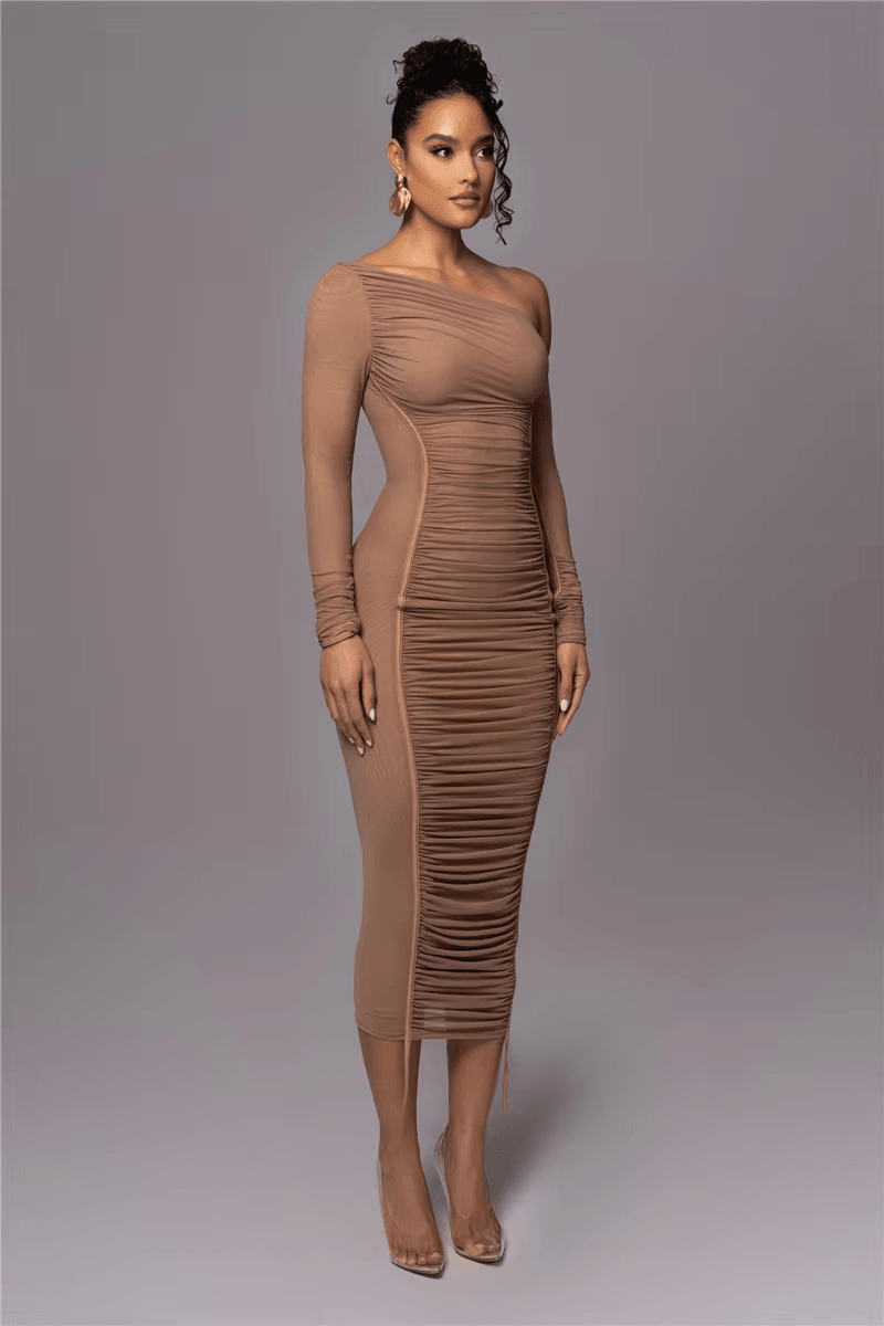 Women’s One - Shoulder Midi Dress with Long Sleeve and Ruched Detailing – Evening Dress