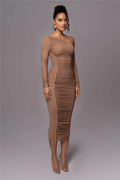 Women’s One - Shoulder Midi Dress with Long Sleeve and Ruched Detailing – Evening Dress