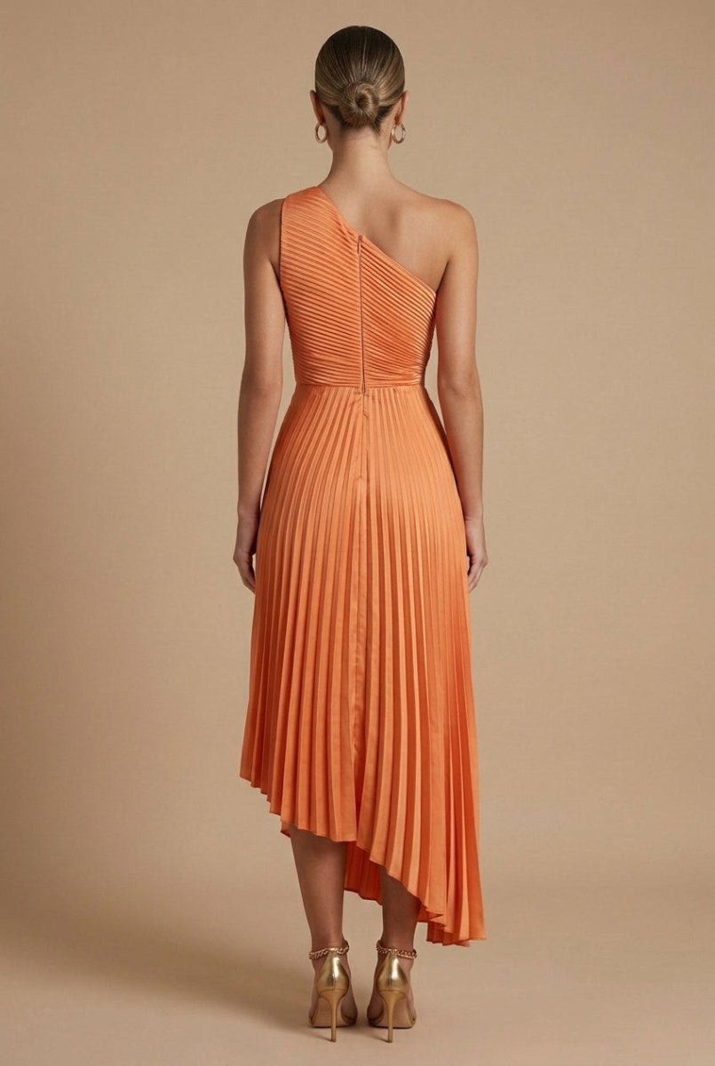 Women’s One Shoulder Pleated Maxi Dress with Side Cut - Out and Asymmetric Hem – Wedding Guest Dress
