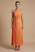 Women’s One Shoulder Pleated Maxi Dress with Side Cut - Out and Asymmetric Hem – Wedding Guest Dress