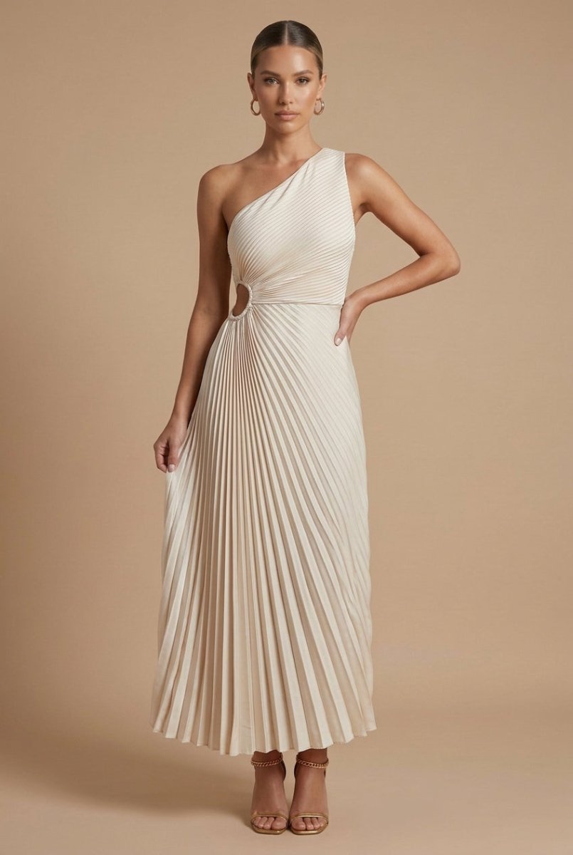 Women’s One Shoulder Pleated Maxi Dress with Side Cut - Out and Asymmetric Hem – Wedding Guest Dress