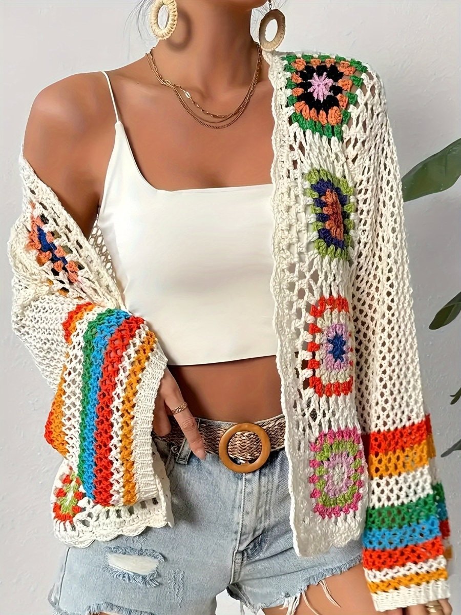 Women’s Open Front Crochet Cardigan with Long Sleeves and Mosaic Pattern Panels