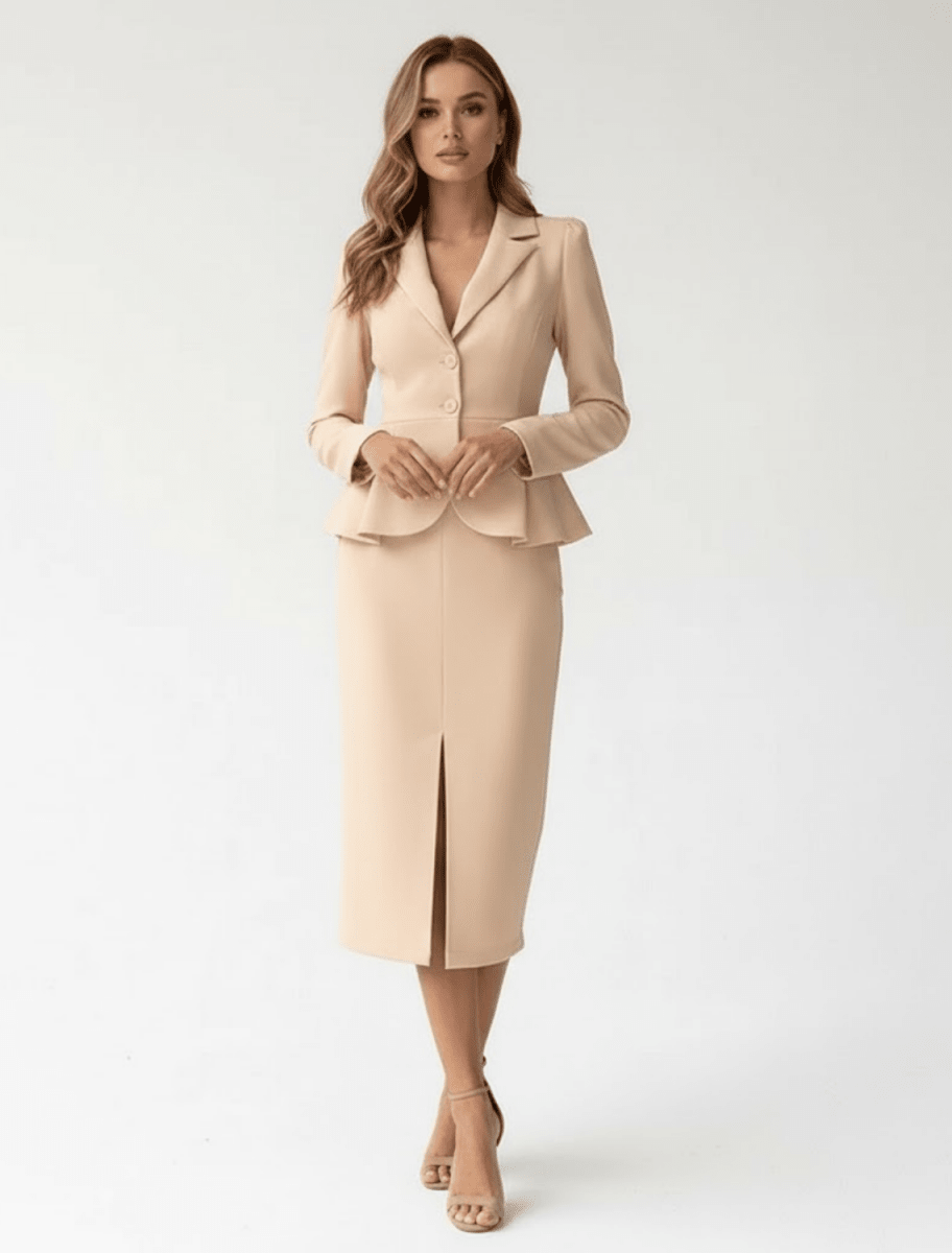 Women’s Peplum Two - Piece Blazer and Skirt Set – Elegant Two - Piece Set with Front Slit Midi Skirt