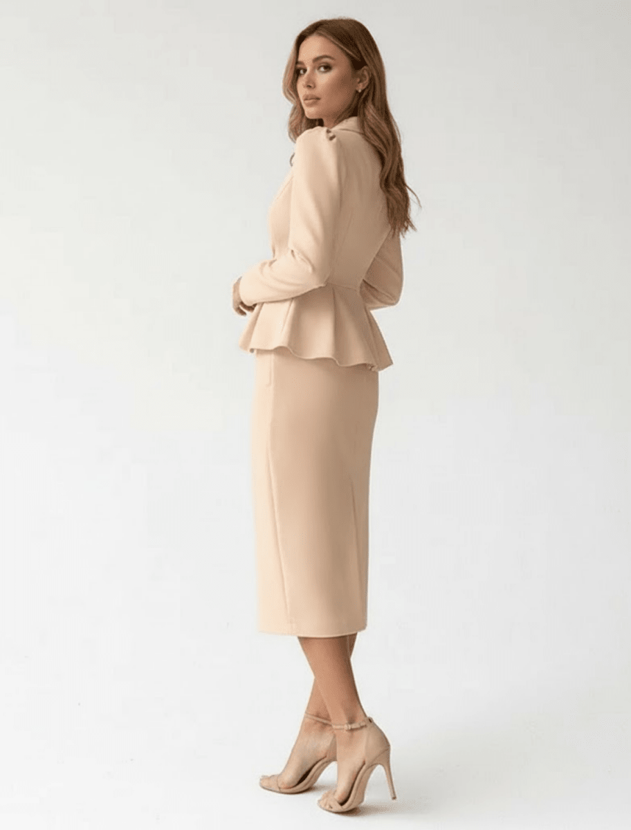 Women’s Peplum Two - Piece Blazer and Skirt Set – Elegant Two - Piece Set with Front Slit Midi Skirt