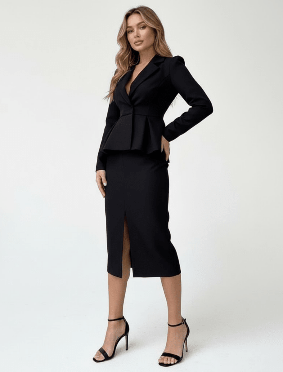 Women’s Peplum Two - Piece Blazer and Skirt Set – Elegant Two - Piece Set with Front Slit Midi Skirt