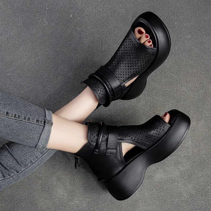 Women’s Perforated Leather Platform Sandals – Open Toe Wedge Ankle Strap Shoes