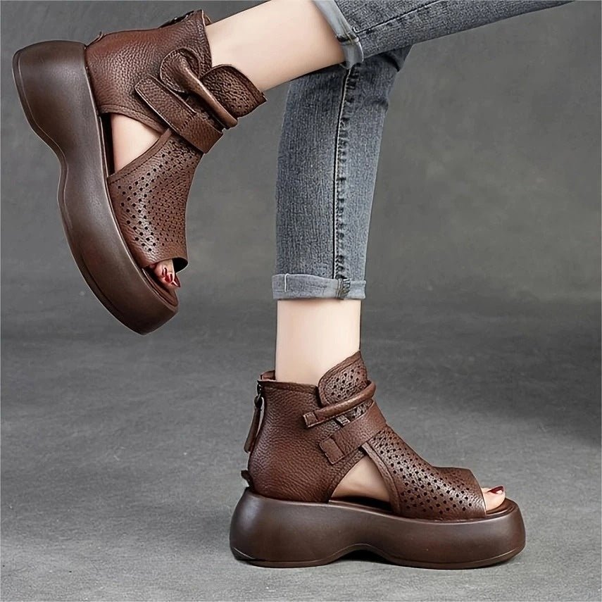 Women’s Perforated Leather Platform Sandals – Open Toe Wedge Ankle Strap Shoes