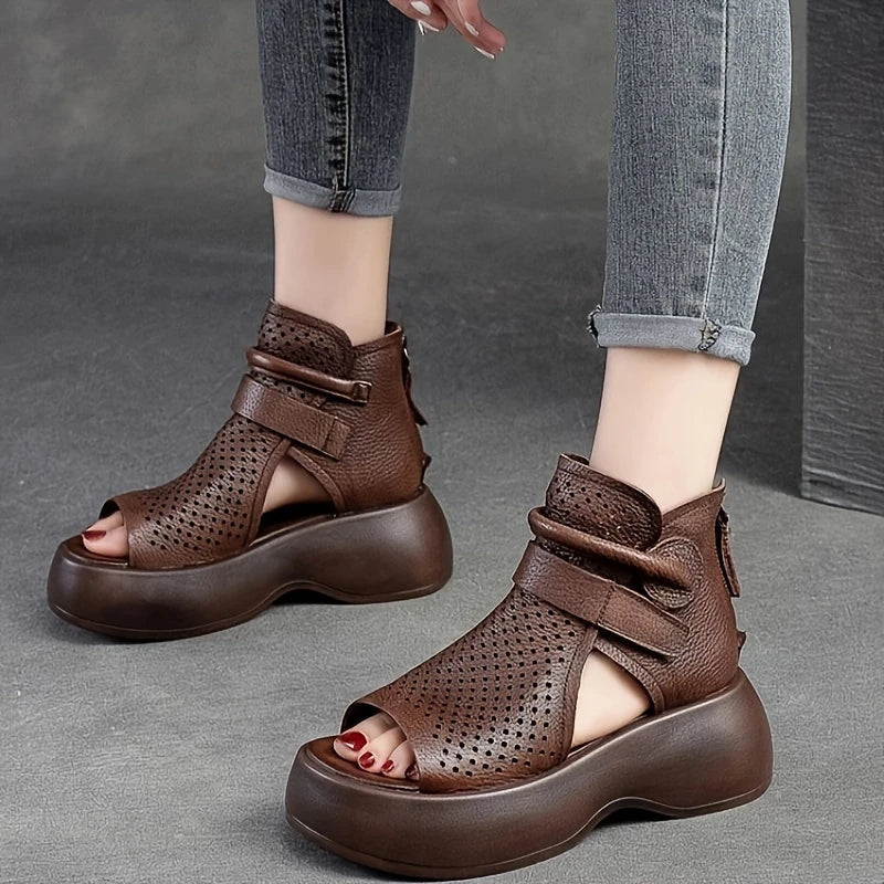 Women’s Perforated Leather Platform Sandals – Open Toe Wedge Ankle Strap Shoes
