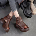 Women’s Perforated Leather Platform Sandals – Open Toe Wedge Ankle Strap Shoes