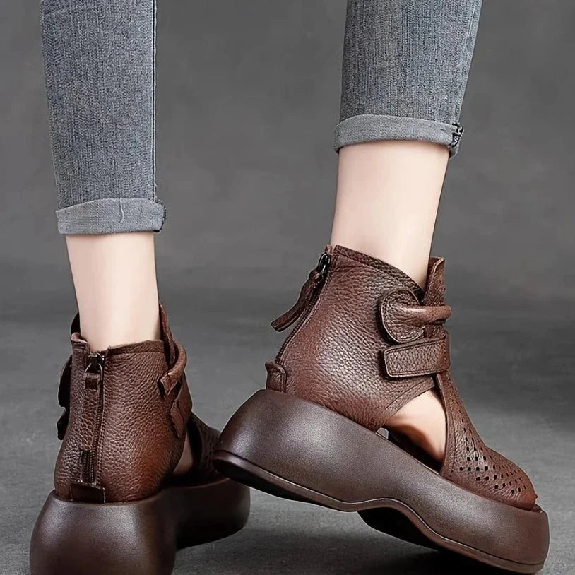 Women’s Perforated Leather Platform Sandals – Open Toe Wedge Ankle Strap Shoes