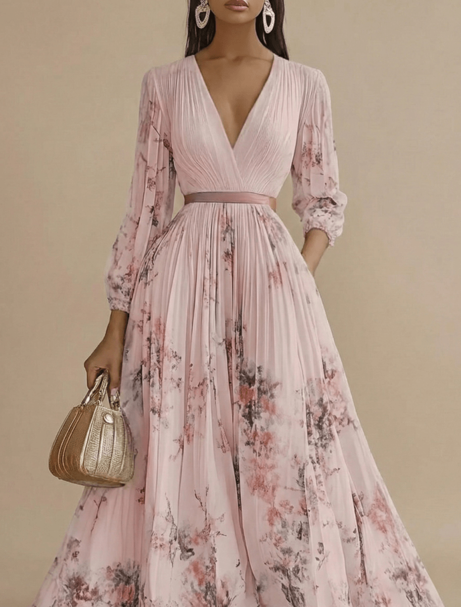 Women’s Pleated Maxi Dress with V - Neck and Long Sleeves