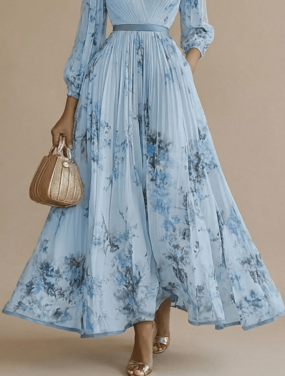 Women’s Pleated Maxi Dress with V - Neck and Long Sleeves