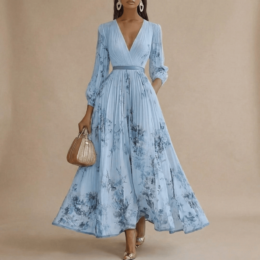 Women’s Pleated Maxi Dress with V - Neck and Long Sleeves