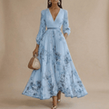 Women’s Pleated Maxi Dress with V - Neck and Long Sleeves