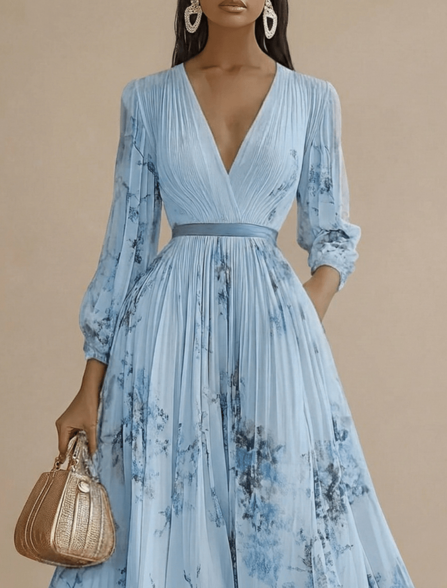Women’s Pleated Maxi Dress with V - Neck and Long Sleeves