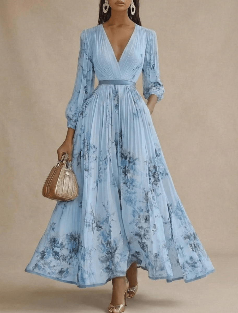Women’s Pleated Maxi Dress with V - Neck and Long Sleeves