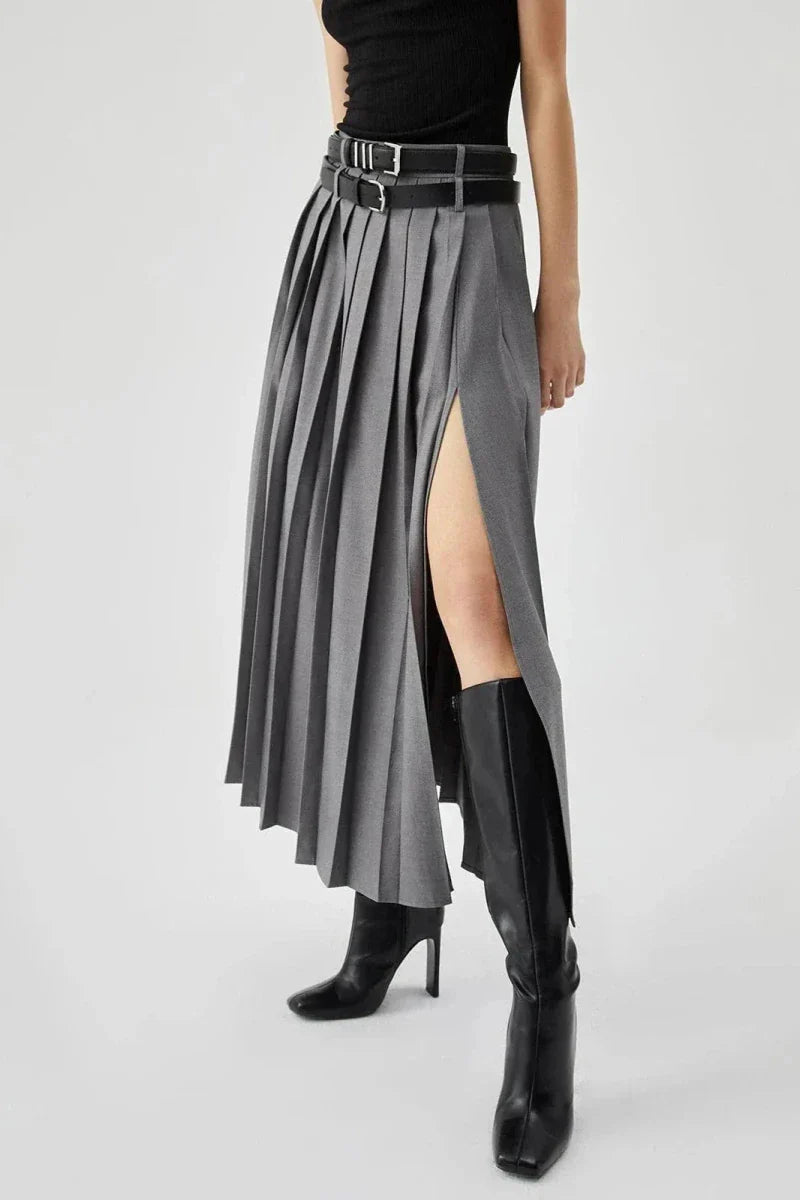 Women’s Pleated Maxi Skirt with High Waist and Side Split