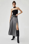 Women’s Pleated Maxi Skirt with High Waist and Side Split