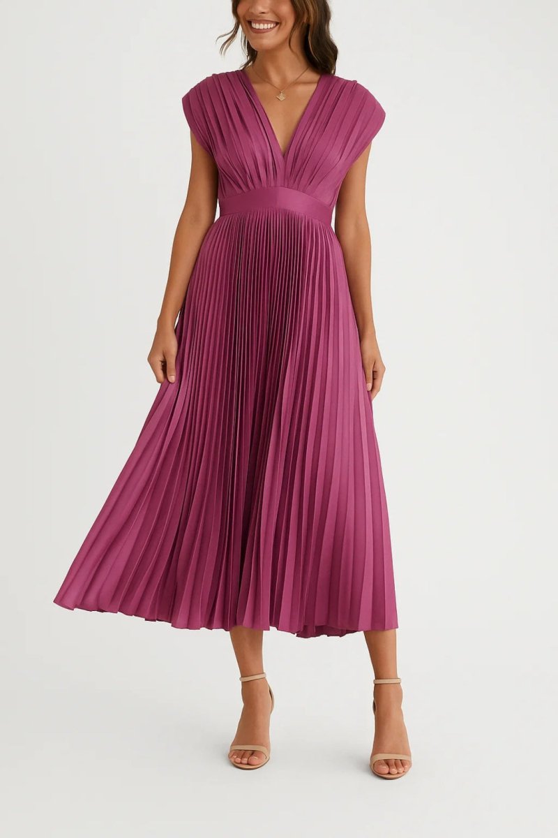 Women’s Pleated V - Neck Midi Dress with Structured Waist